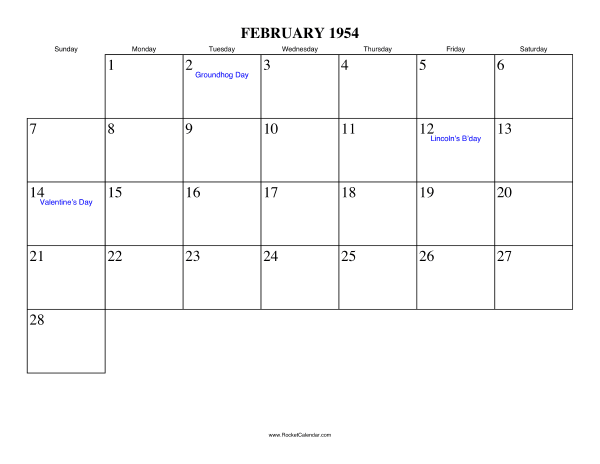February 1954 Calendar