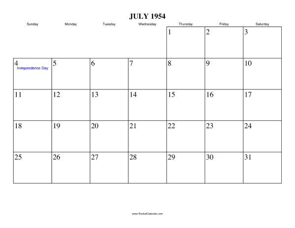 July 1954 Calendar