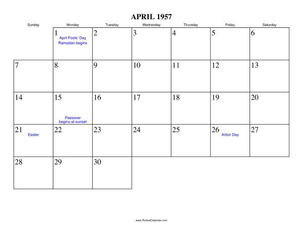 April 1957 Calendar