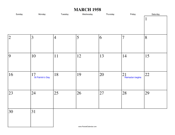 March 1958 Calendar