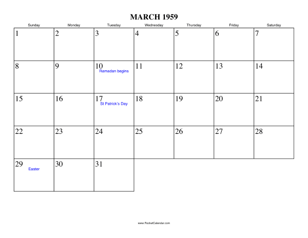 March 1959 Calendar