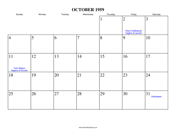 October 1959 Calendar