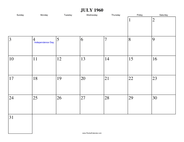 July 1960 Calendar