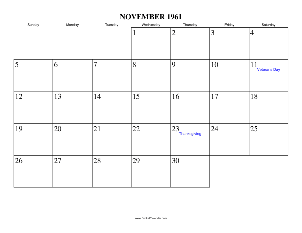 November 1961 Calendar