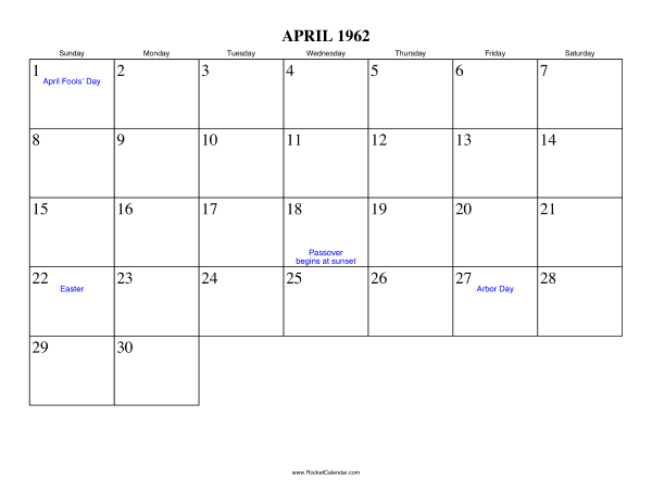 April 1962 Calendar