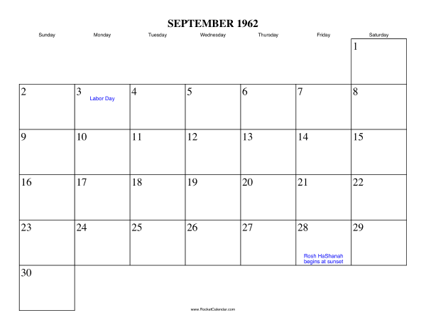 September 1962 Calendar