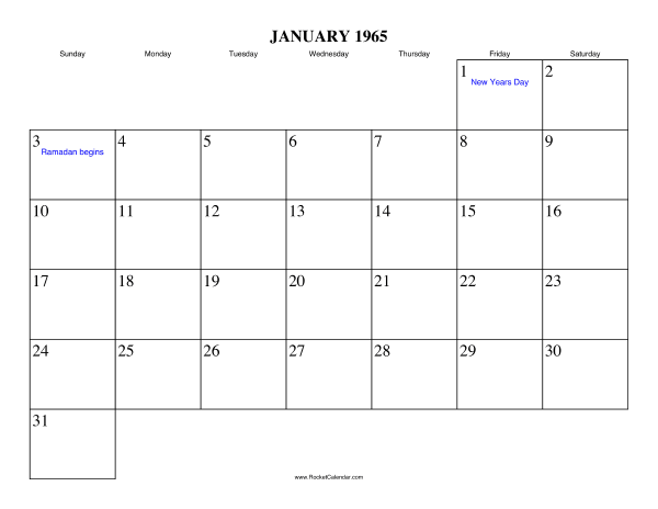 January 1965 Calendar