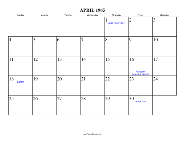 April 1965 Calendar