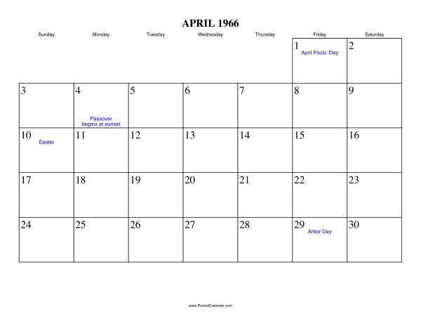 April 1966 Calendar