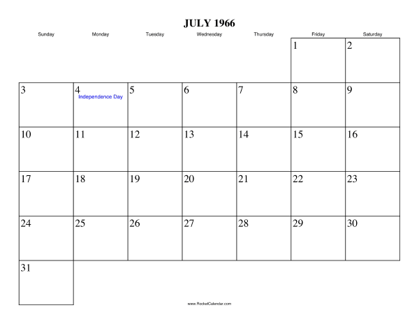 July 1966 Calendar