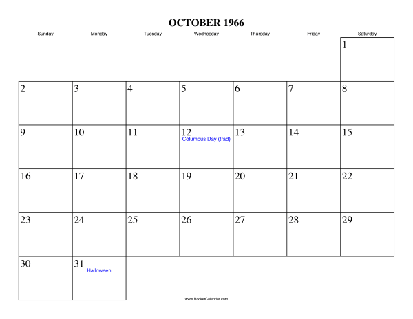 October 1966 Calendar