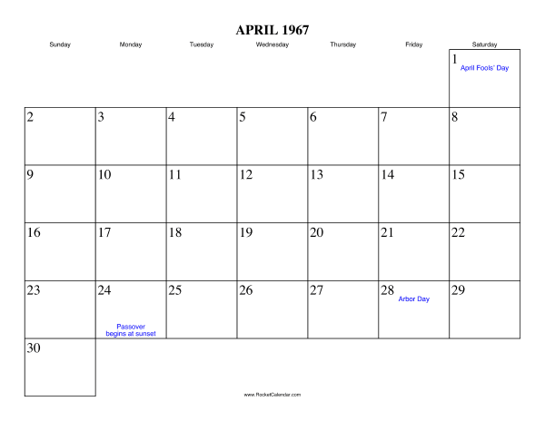 April 1967 Calendar