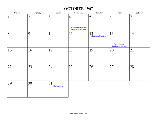 October 1967 Calendar