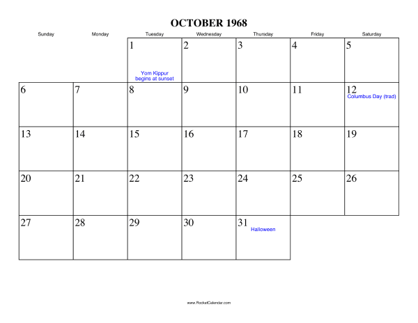 October 1968 Calendar