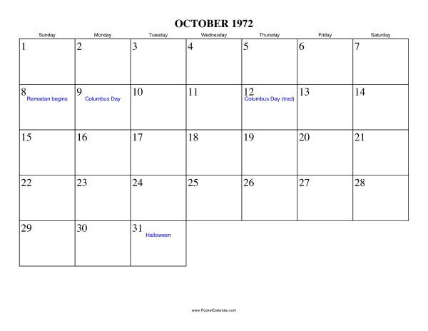 October 1972 Calendar