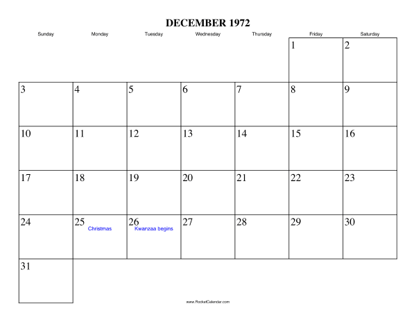 December 1972 Calendar
