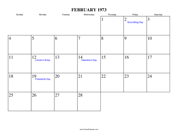 February 1973 Calendar