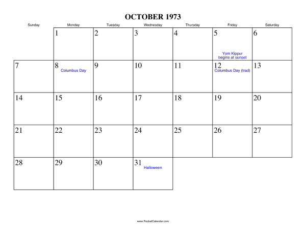 October 1973 Calendar