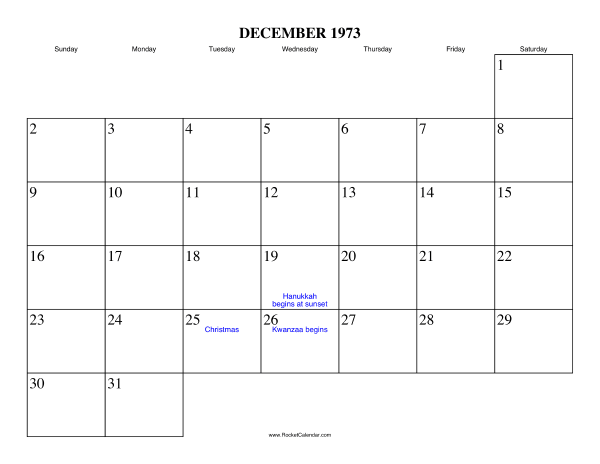 December 1973 Calendar