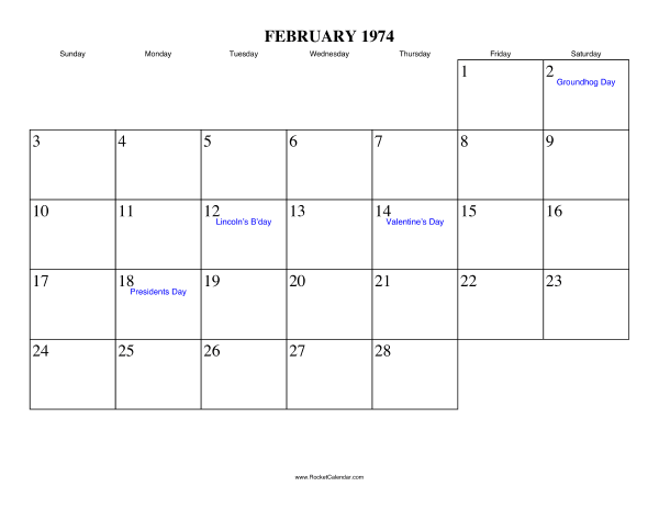 February 1974 Calendar