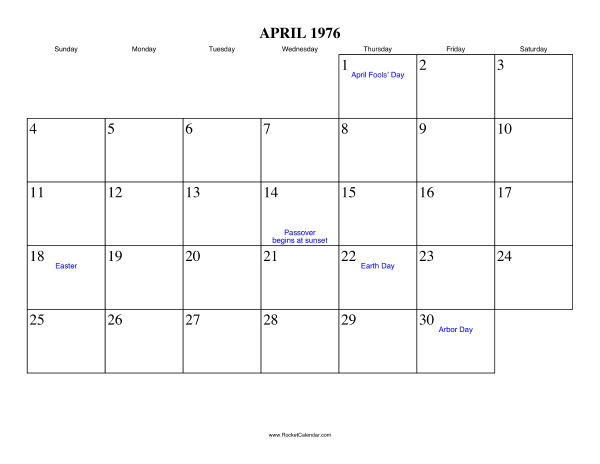 April 1976 Calendar