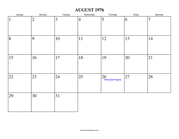 August 1976 Calendar
