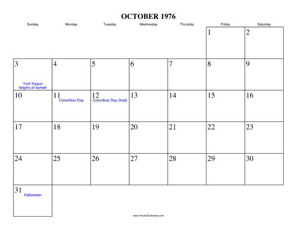 October 1976 Calendar