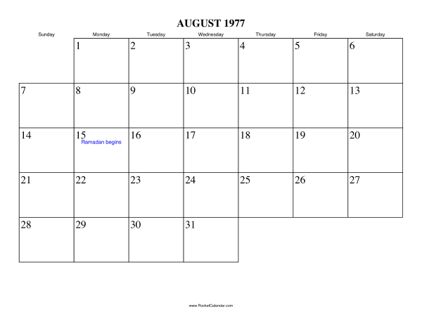 August 1977 Calendar