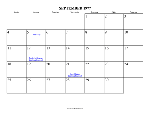 September 1977 Calendar