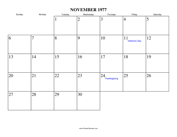 November 1977 Calendar