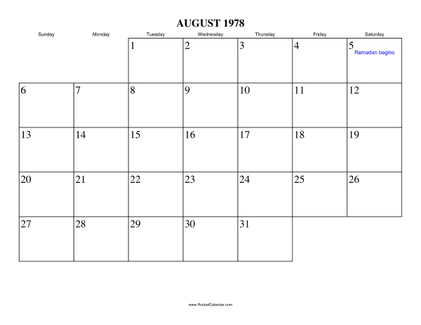 August 1978 Calendar