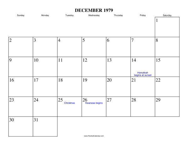 December 1979 Calendar
