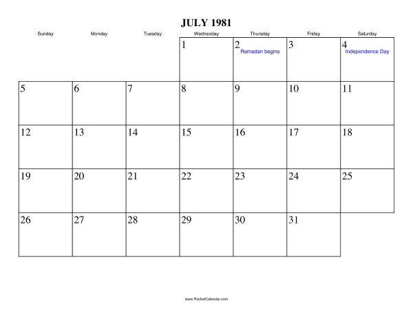 July 1981 Calendar