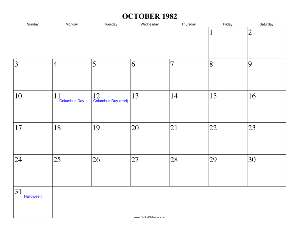 October 1982 Calendar