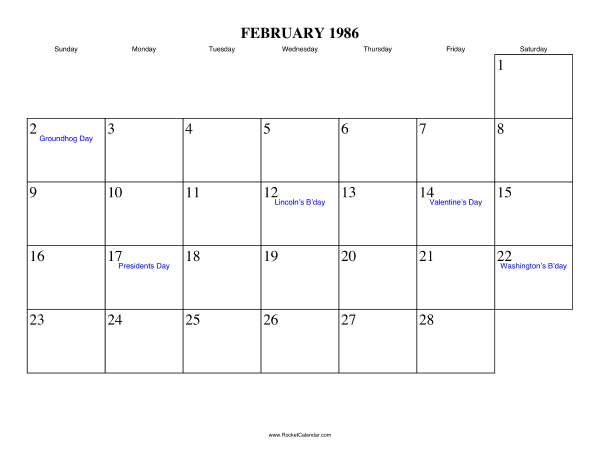 February 1986 Calendar