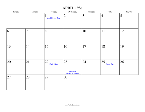 April 1986 Calendar