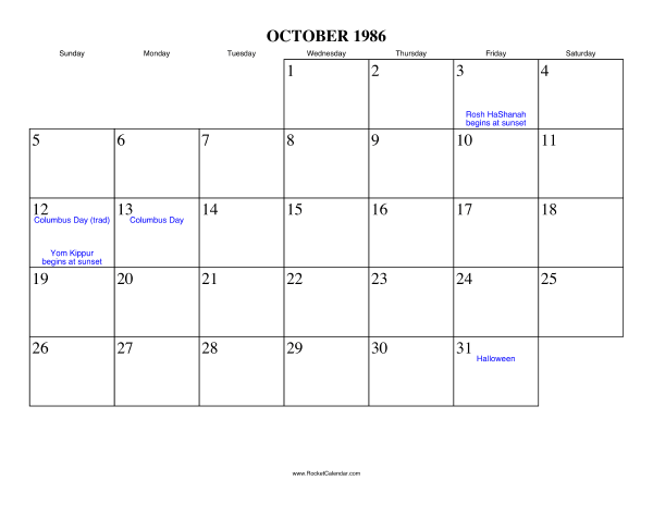 October 1986 Calendar