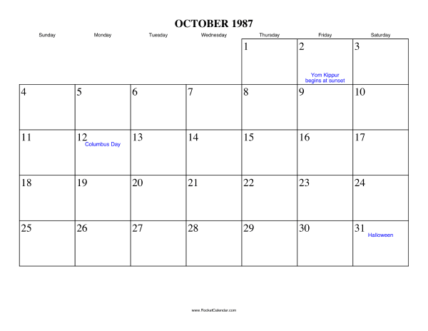 October 1987 Calendar
