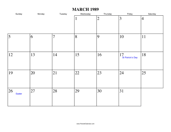 March 1989 Calendar