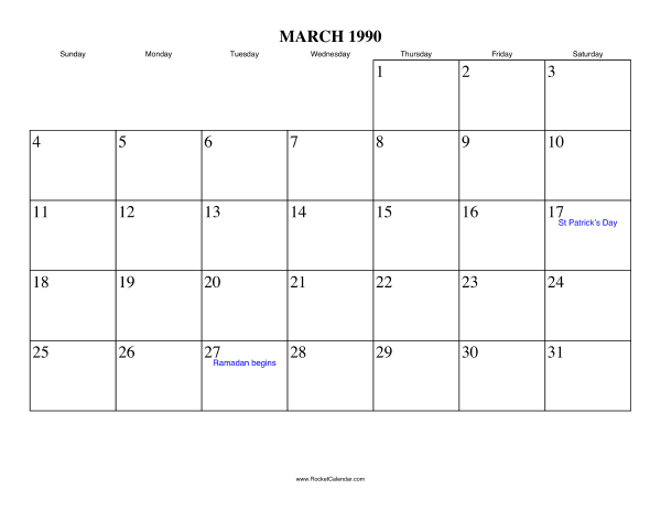 March 1990 Calendar