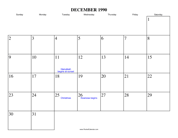 December 1990 Calendar