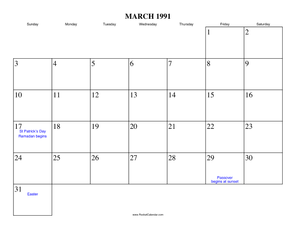 March 1991 Calendar