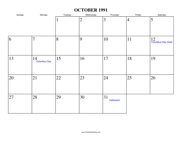 October 1991 Calendar