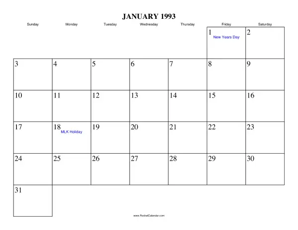 January 1993 Calendar