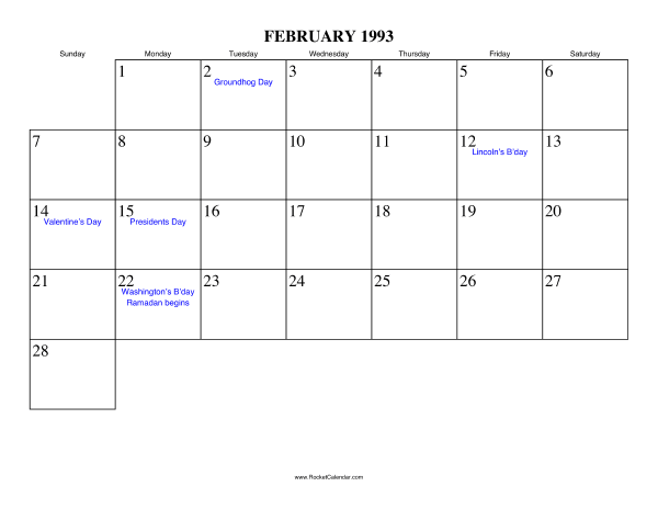 February 1993 Calendar