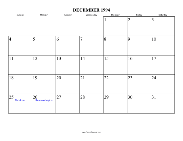 December 1994 Calendar