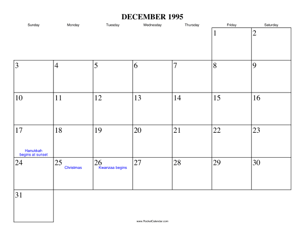 December 1995 Calendar