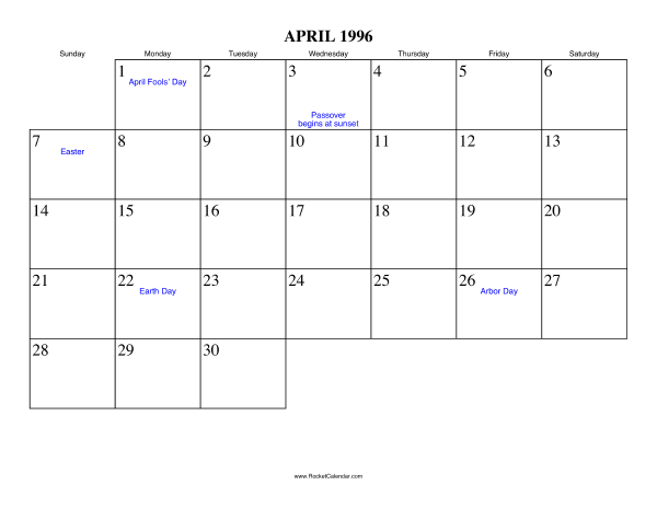 April 1996 Calendar