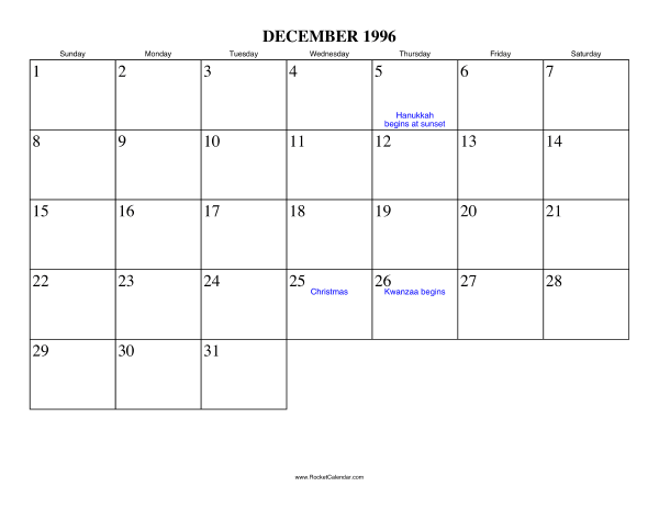 December 1996 Calendar