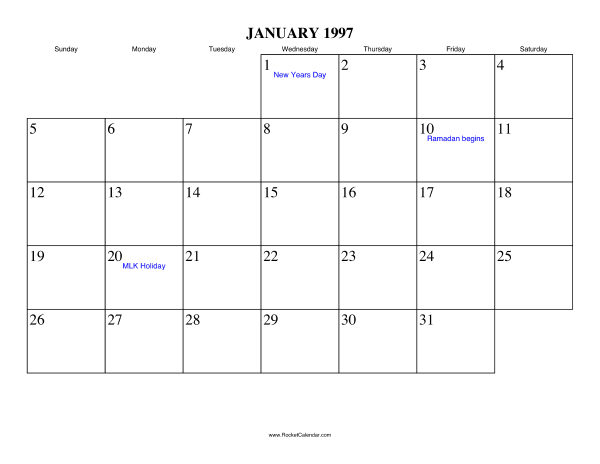 January 1997 Calendar